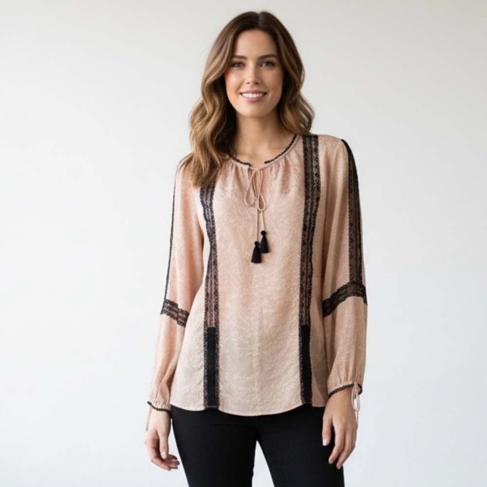 Twelfth Street by Cynthia Vincent Silk Pink & Black Billowy Long Sleeves Tunic